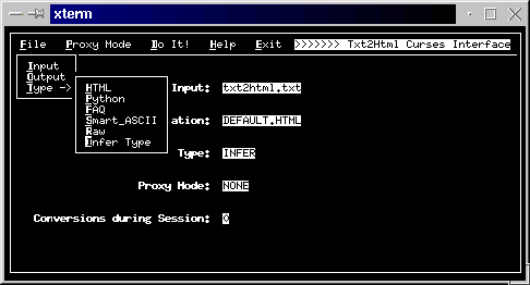 Screenshot of curses_txt2html.py