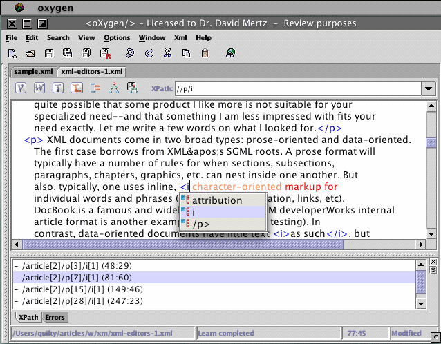 Screenshot of the <oXygen/> editor